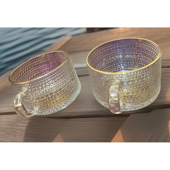 2 Iridescent Style Glass Coffee Mugs Set Of Cups Hobnail Style Gold Trim Cups - Picture 9 of 16